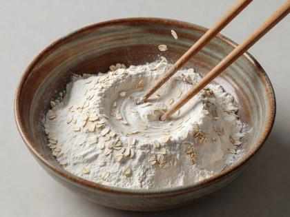 Soft-lit 3D render of wooden chopsticks stirring water into flour inside a deep ceramic bowl, forming uniform oat-sized flakes