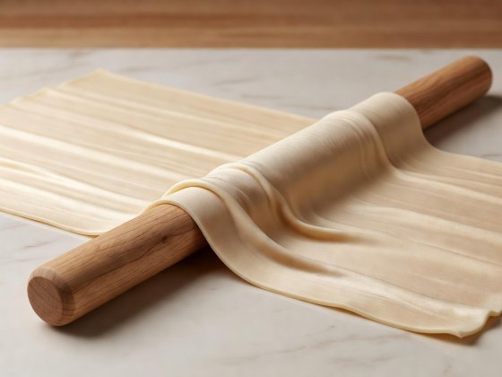 Soft-lit 3D render of a wide champagne-colored noodle sheet partially wrapped around a long wooden rolling dowel
