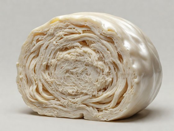 Soft-lit 3D render of a sliced noodle dough ball showing the transition from shaggy dry core to hydrated satin exterior
