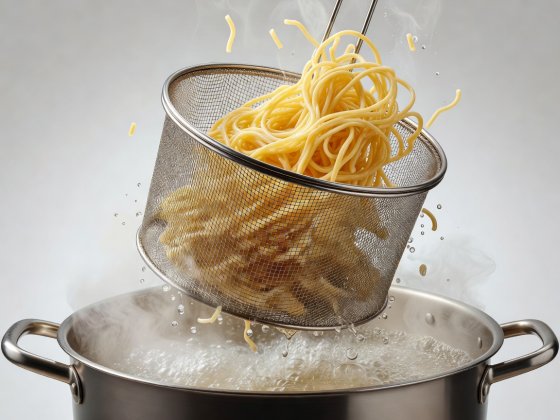 Soft-lit 3D render of a deep cylindrical mesh noodle basket lifting glistening golden strands above a boiling pot