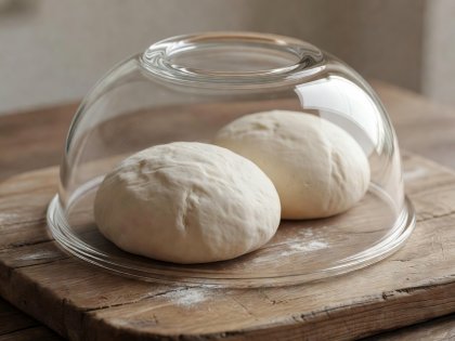 Soft-lit 3D render of two dough balls resting under an inverted glass bowl on a wooden pastry board
