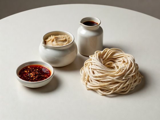 Soft-lit 3D render of ceramic sauce vessels holding chili oil, sesame paste, and soy tare beside a high-twisted noodle nest