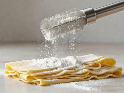 Soft-lit 3D render of a fine mesh duster sprinkling potato starch over folded noodle layers